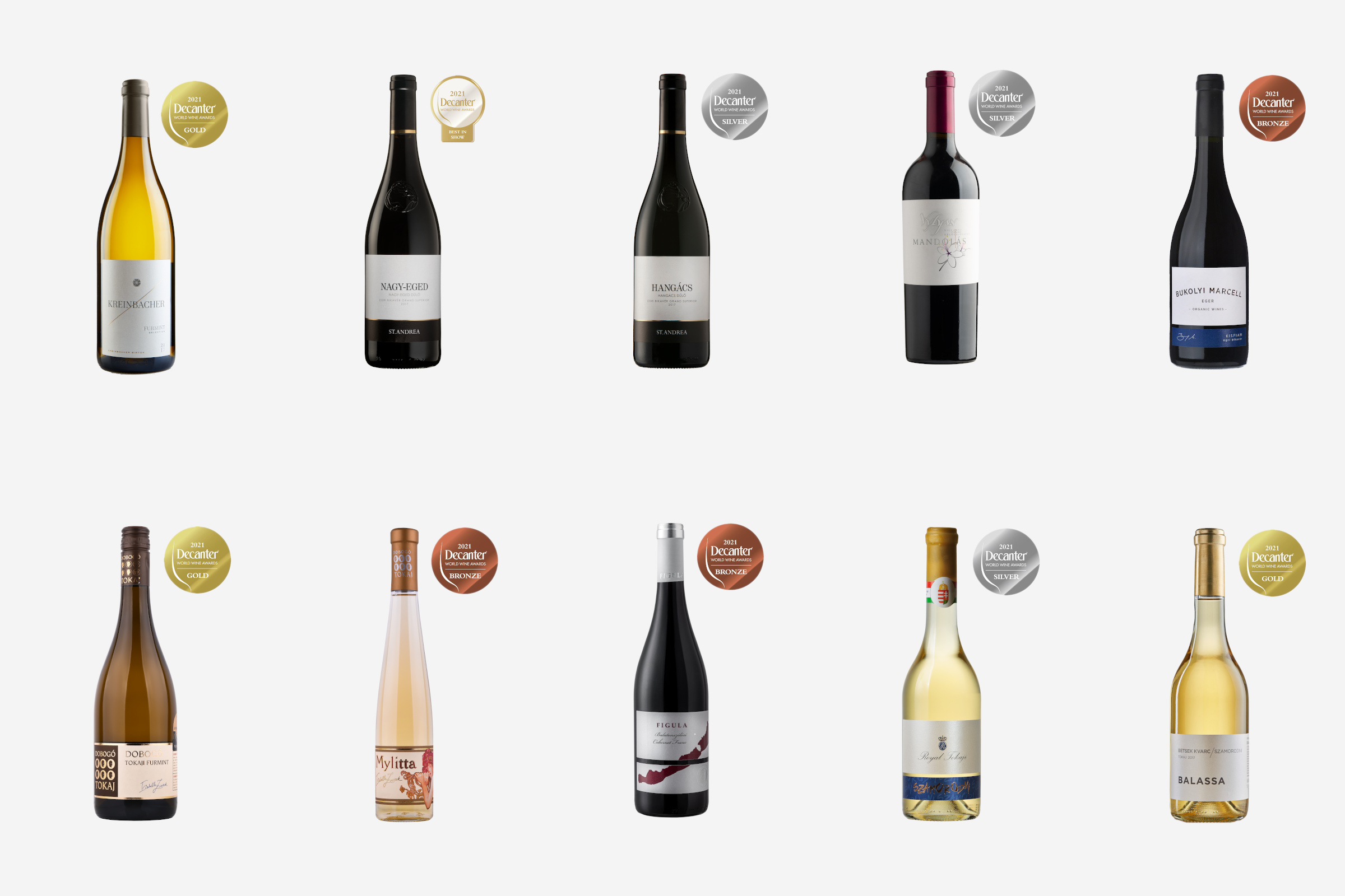 Ungarische Weine aus der Vinotek.hu-Auswahl, die auf der DWWA 2021 prämiert wurden.